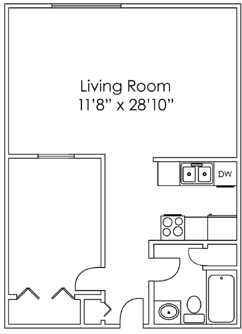 Floor plan for studio, 1 bath, 585 sqft